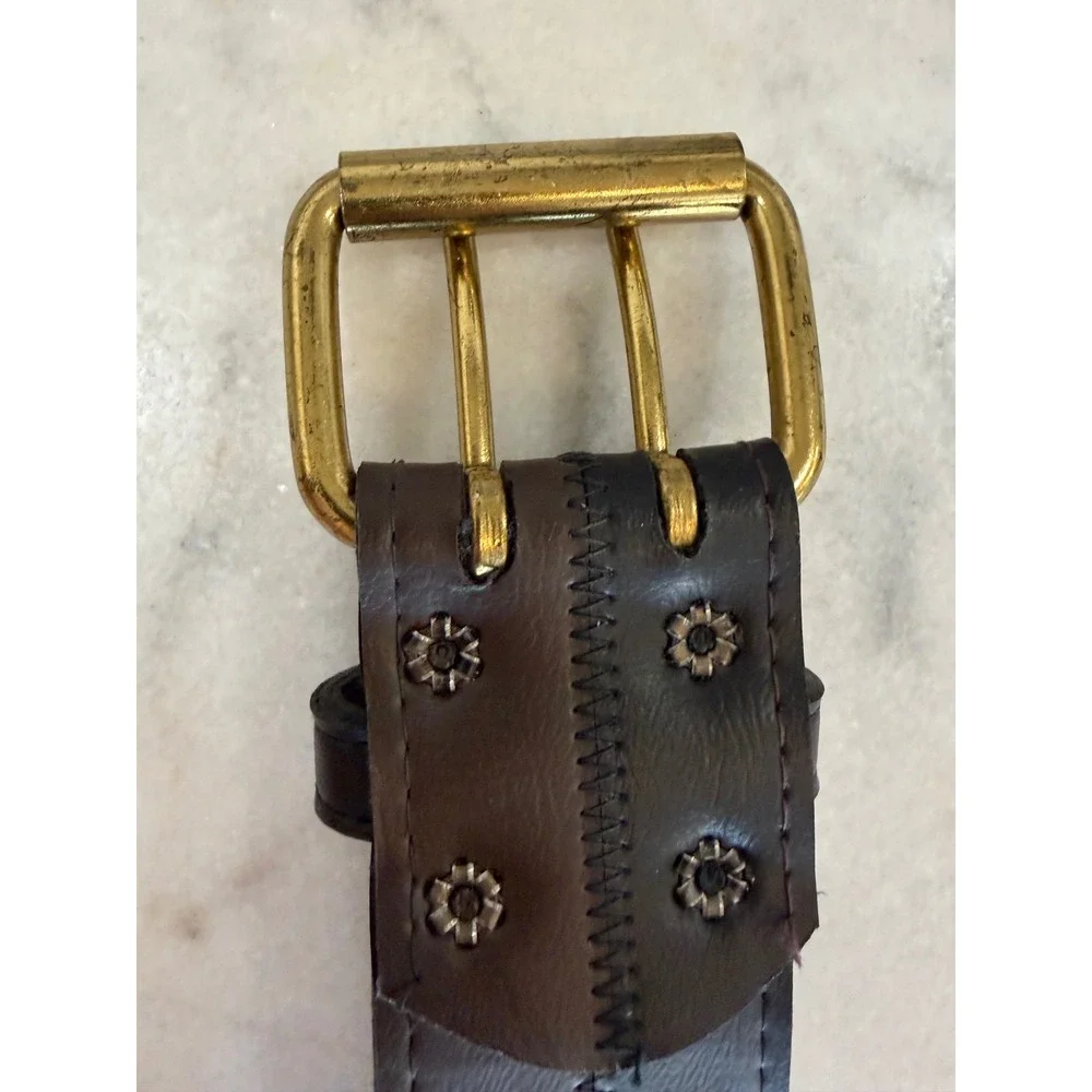 Mens Brown/Black Simulated Leather Double Prong Belt Zigzag USA Made Size 36